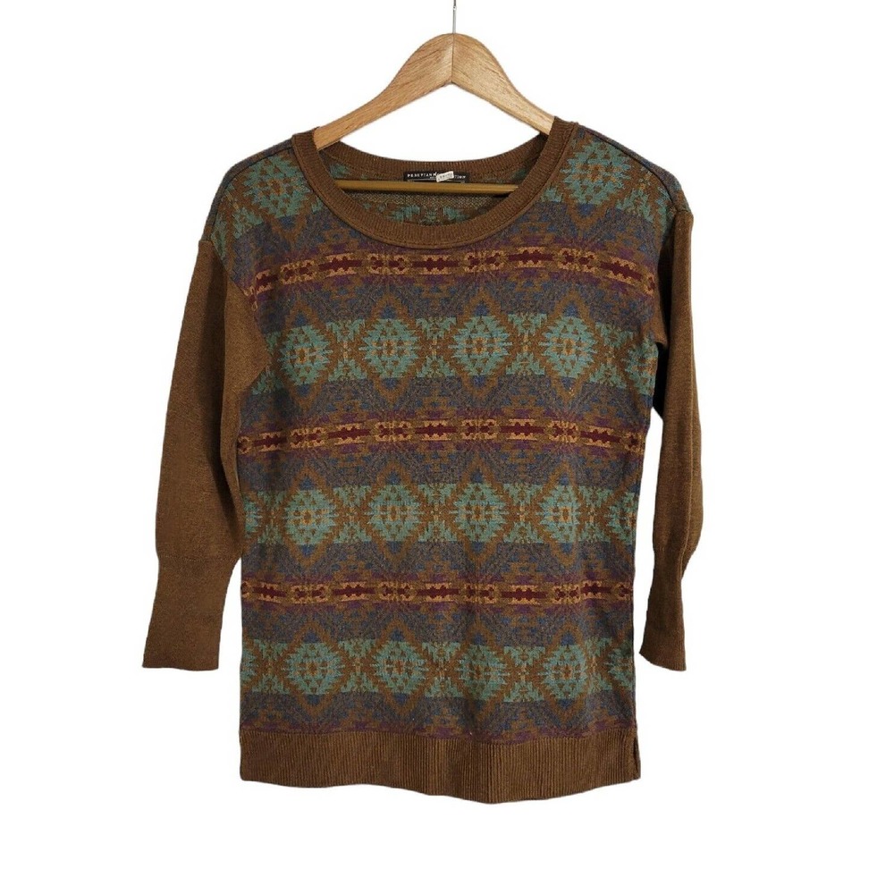 Peruvian Connection Brown Green Blue Fair Isle Pima Cotton 3/4 Sleeve Sweater XS